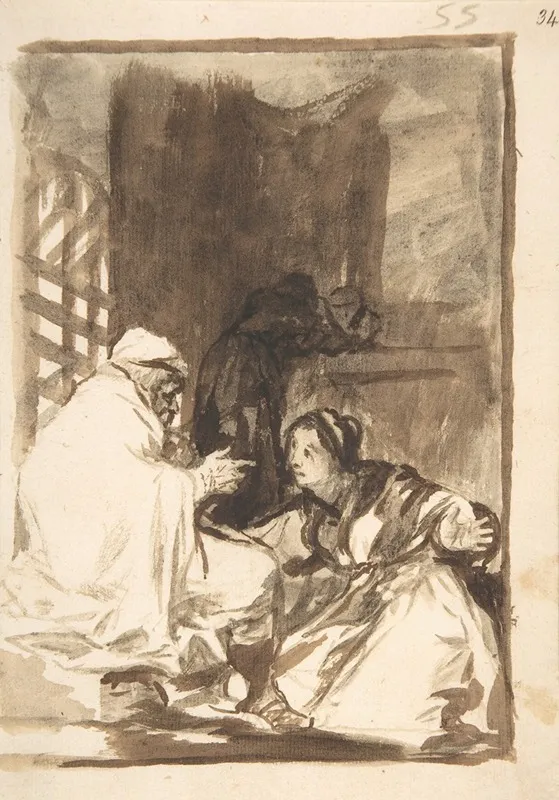 A Woman Kneeling Her Arms Wide Before An Old Man by Francisco de Goya - Canvas Print