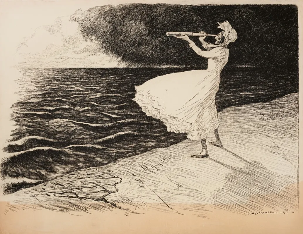 A Woman Looks Out To Sea With A Telescope