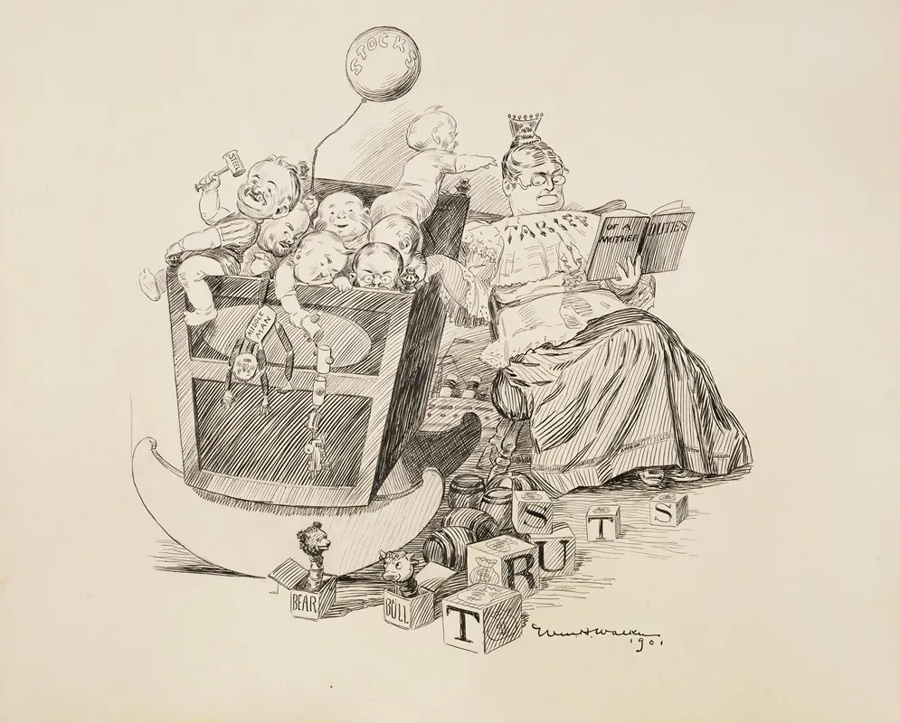 A Woman Representing Tariffs Rocks A Cradle With Many Babies Representing The Trusts