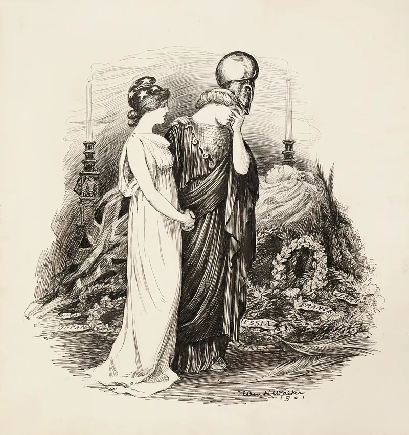 A Woman Representing The United States Tries To Comfort A Woman In Military Garb Who Grieves The Death Of Queen Victoria Of The United Kingdom