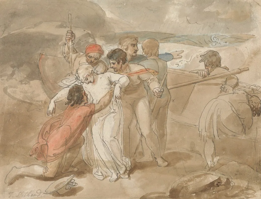 A Woman Rescued From The Sea And Assisted Ashore Rowing Boat And Rescuers In Background