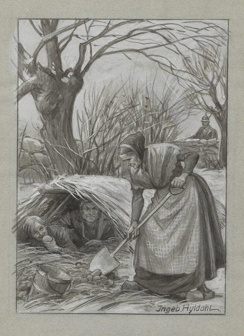 A Woman Shovels Root Vegetables Into A Bucket While A Man And A Boy Hide In A Haystack