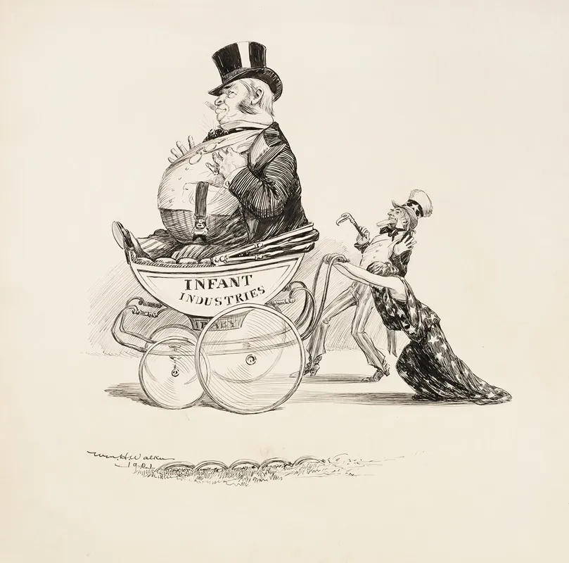 A Woman Struggles To Push A Large Baby Carriage With A Fat Man Inside Representing Infant Industries