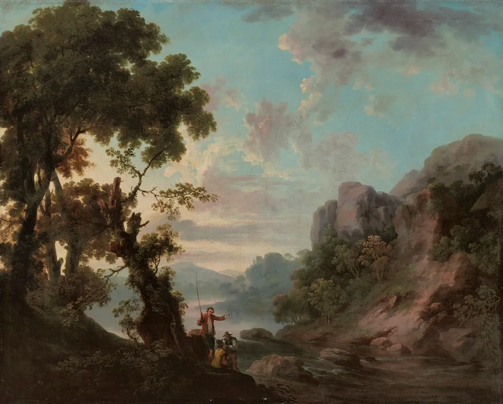 A Wooded Landscape With A Lake Anglers In The Foreground by George Barret - Canvas Print