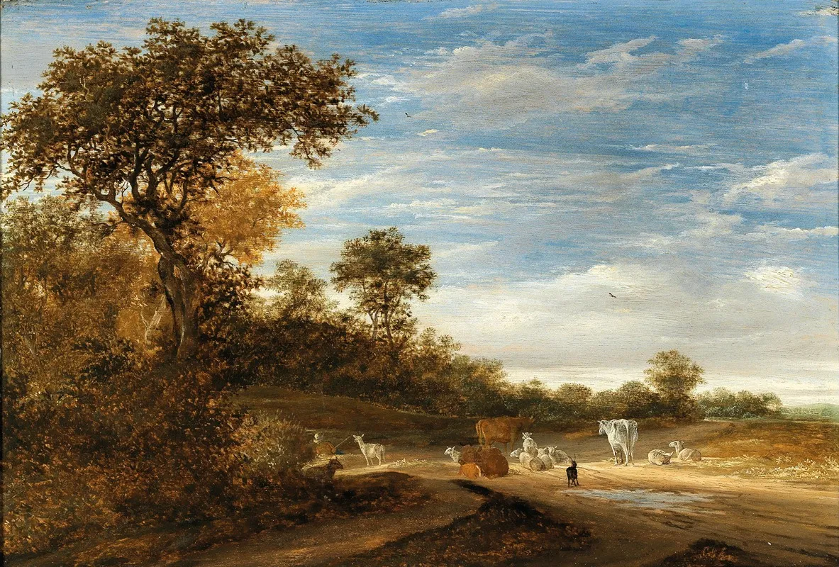 A Wooded Landscape With Cattle Resting by Jacob Salomonsz. van Ruysdael - Canvas Print