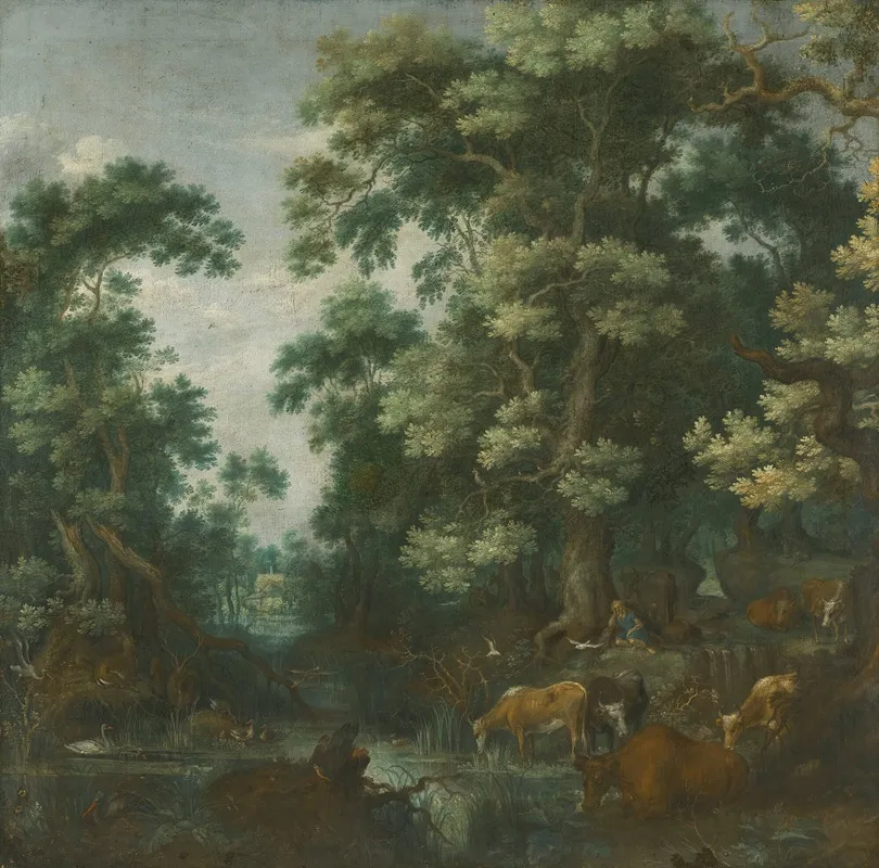 A Wooded Landscape With Deer And Cattle By A River A Sleeping Herdsman Nearby