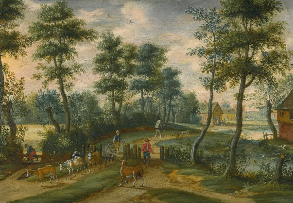 A Wooded Landscape With Drovers And Their Cattle A Village Beyond