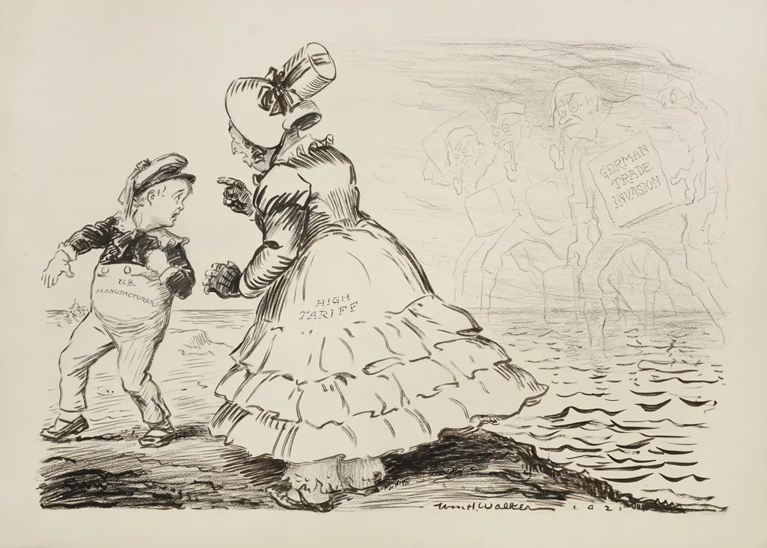 A Young Boy Representing U S Manufacturers Is Kept Away From The American Shoreline By A Woman Representing High Tariffs