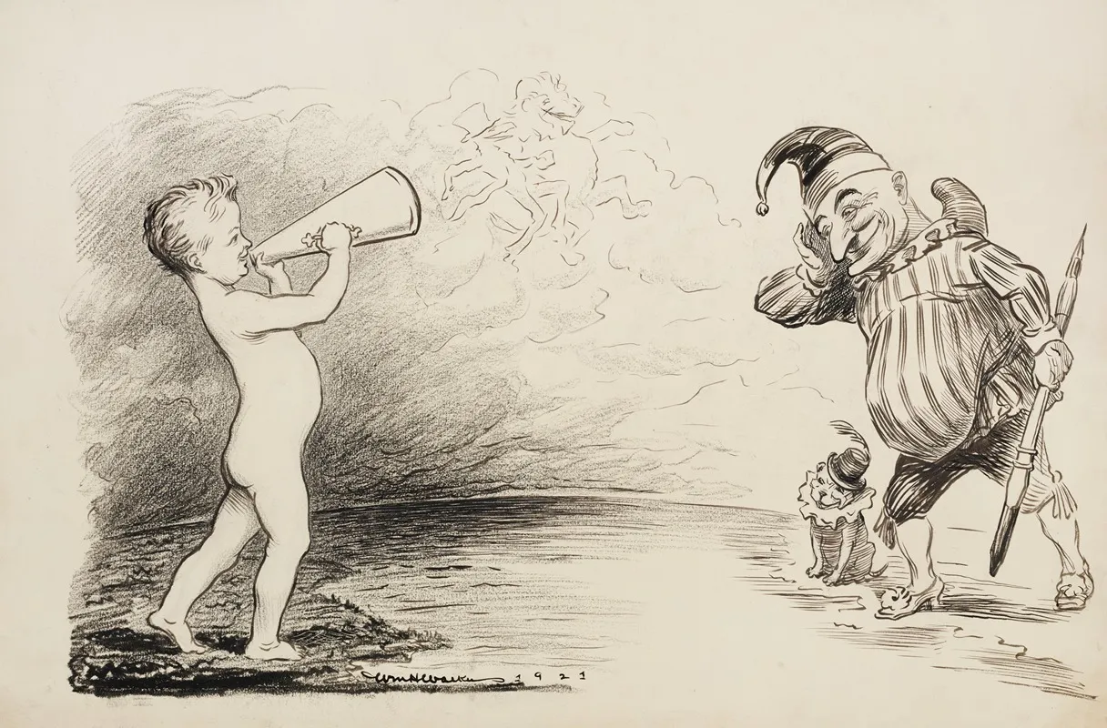 A Young Boy Shouts Through A Megaphone At A Man And A Dog Wearing Jesters Outfits