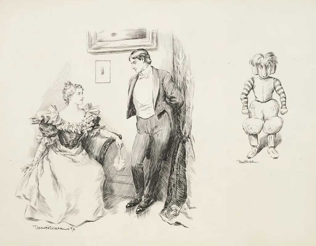A Young Couple In Fancy Clothes Talking Together And A Figure In Exaggerated Football Uniform
