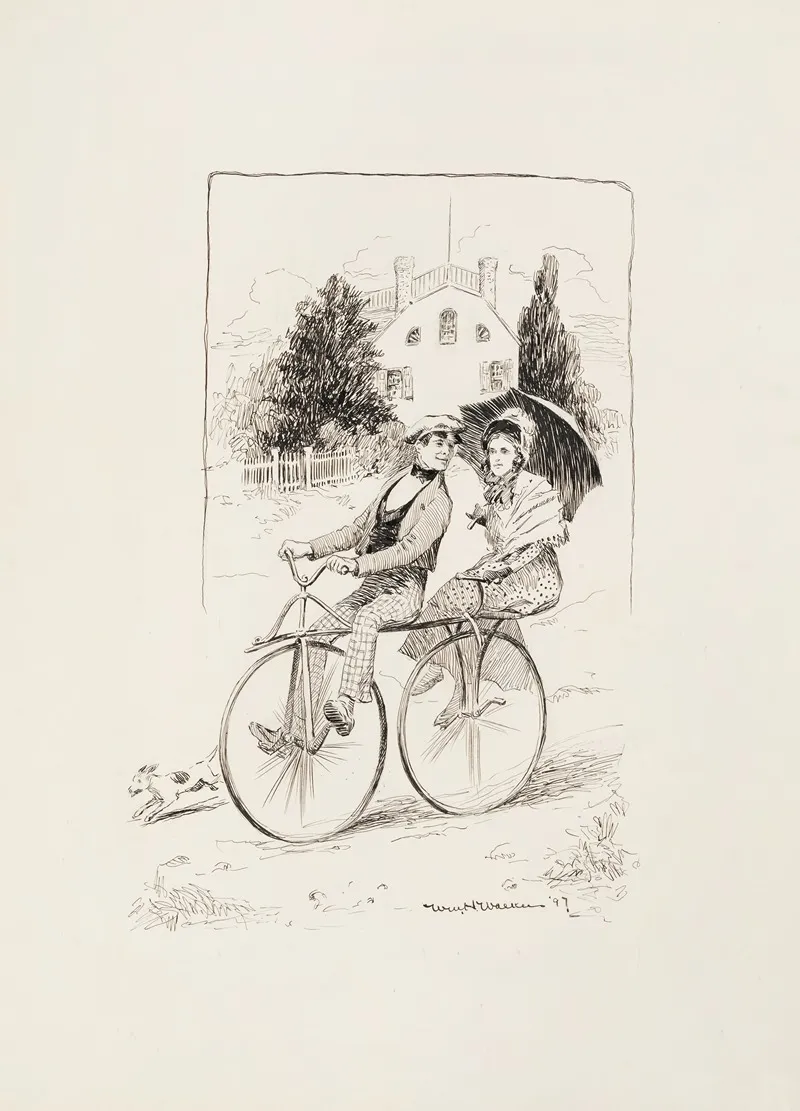 A Young Couple Ride On A Tandem Bicycle