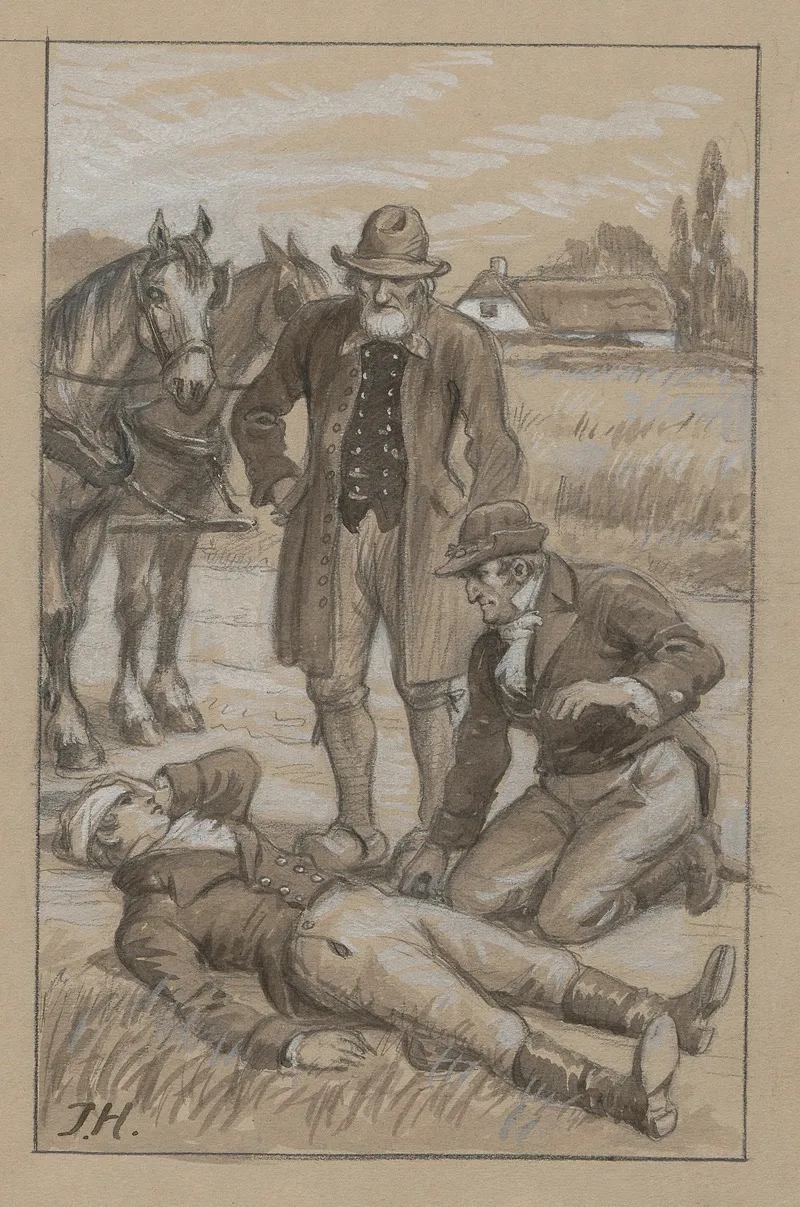 A Young Man Has Hurt Himself And Is Now Lying On The Ground With A Bandage Around His Head by Ingeborg Hyldahl - Canvas Print