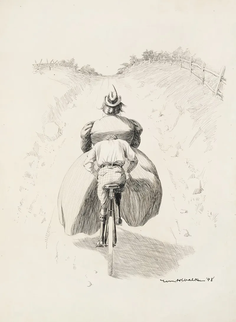 A Young Man Tries To Pedal His Bicycle Up A Hill With A Fat Woman Seated On His Handle Bars