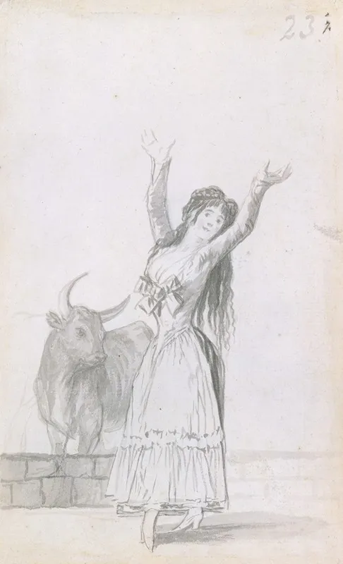 A Young Woman Dancing Her Arms Raised A Bull In The Background