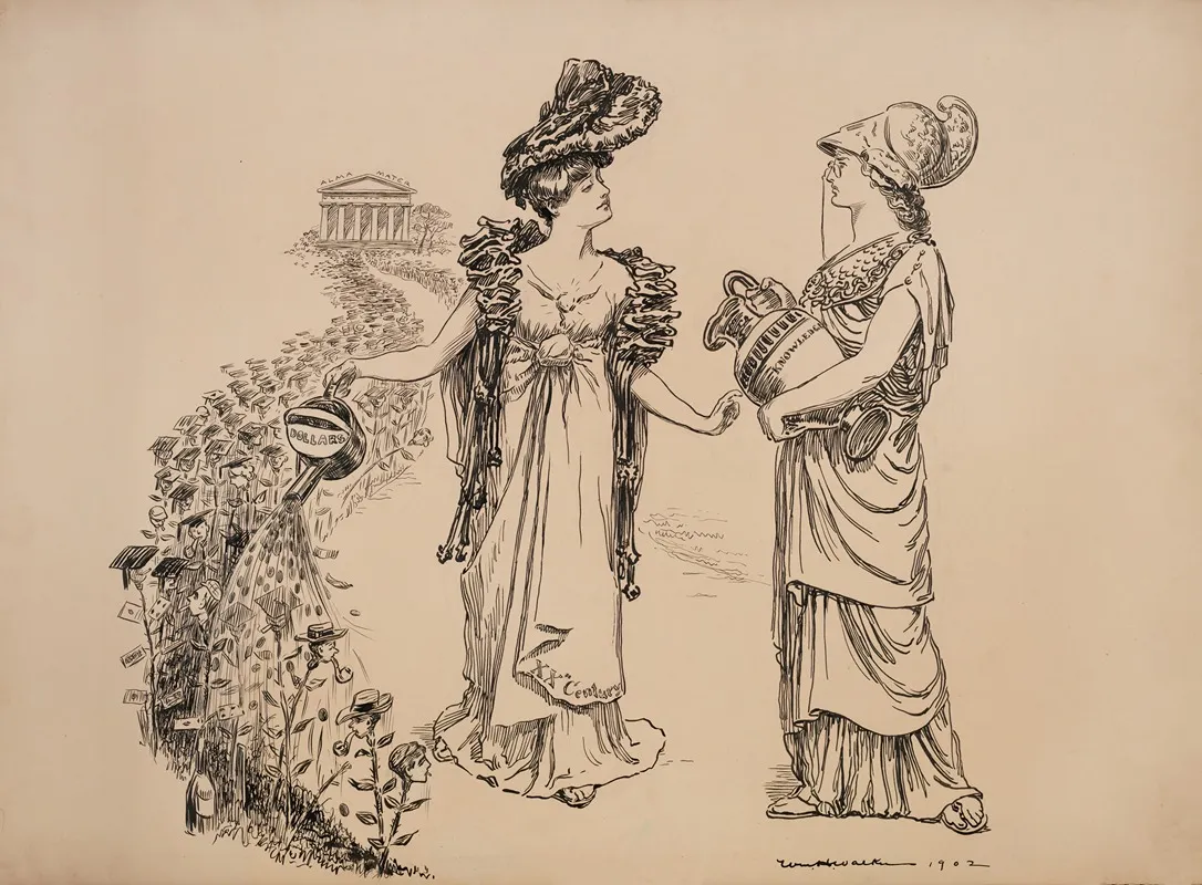 A Young Woman Representing The 20th Century Waters Flowers Representing College Students With Money