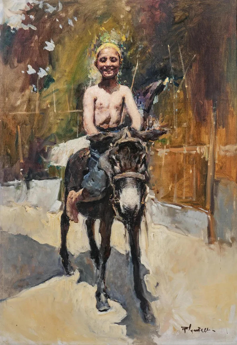 A Youth Riding A Donkey