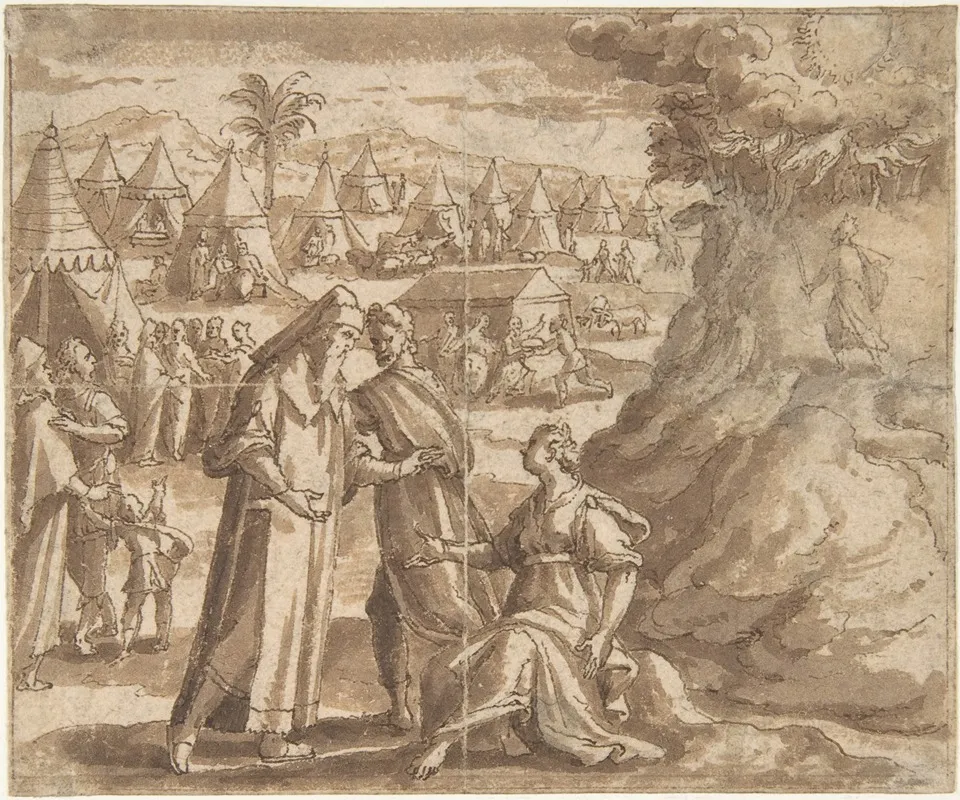 Aaron And Nadab Taking Leave Of Elisheba With The Israelites Camped Before Mount Sinai And Moses Ascending The Mountain by Adam van Noort - Canvas Print
