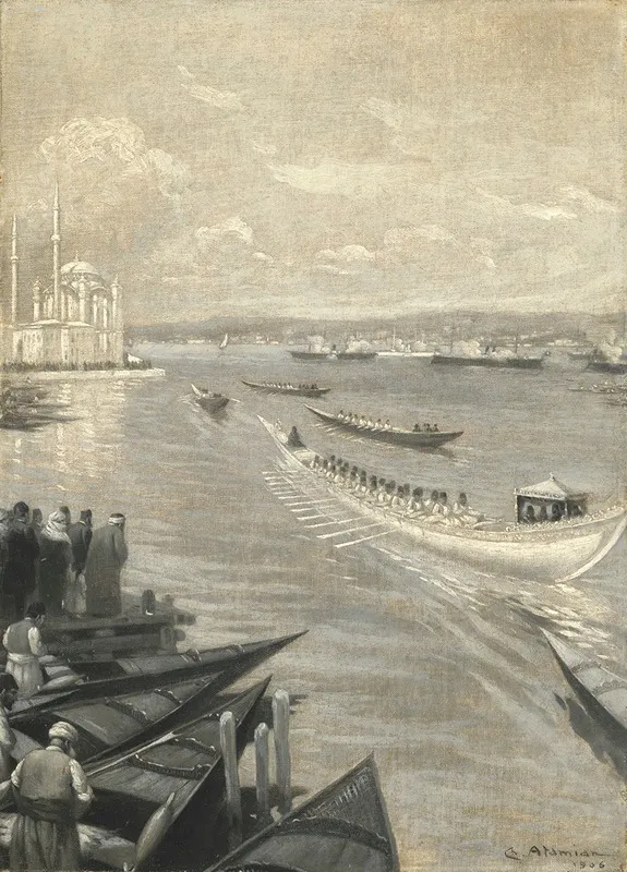 Abdulhamid Ii Crossing The Bosphorus For His Coronation In The Eyup Sultan Mosque The Dolmabahce Mosque Beyond