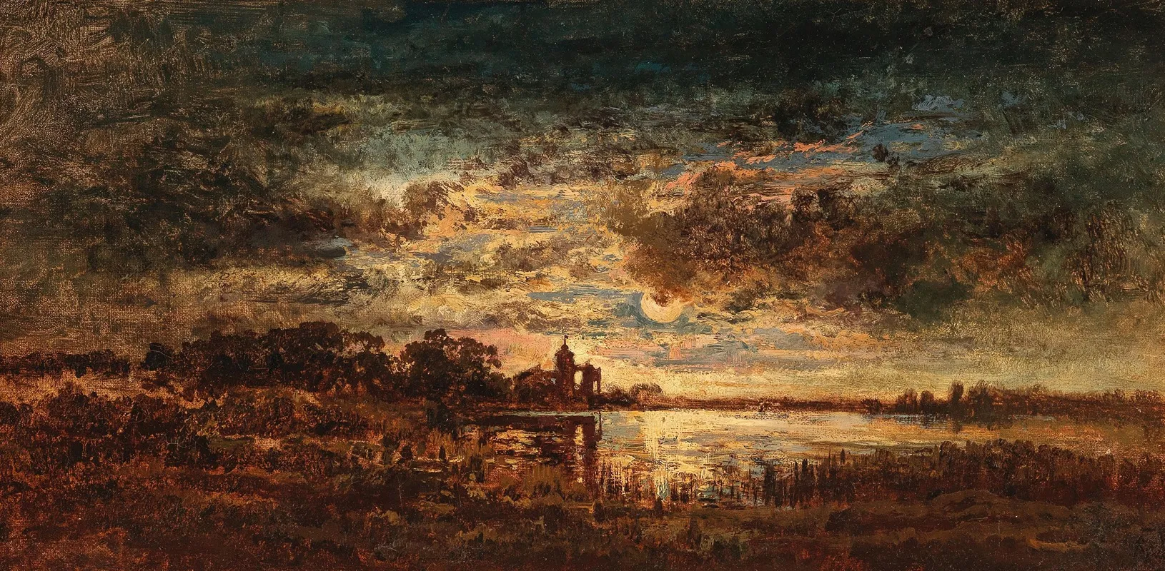 Abendliche Seenlandschaft Im Mondlicht