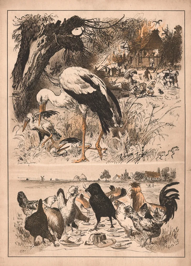 About The Stork The Raven And The Chickens by Paul Friedrich Meyerheim - Canvas Print