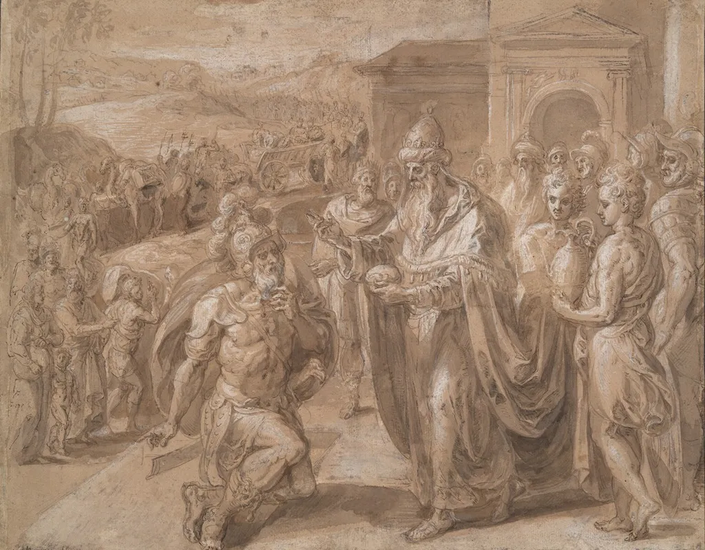 Abraham And Melchizedek by Crispijn van den Broeck - Canvas Print