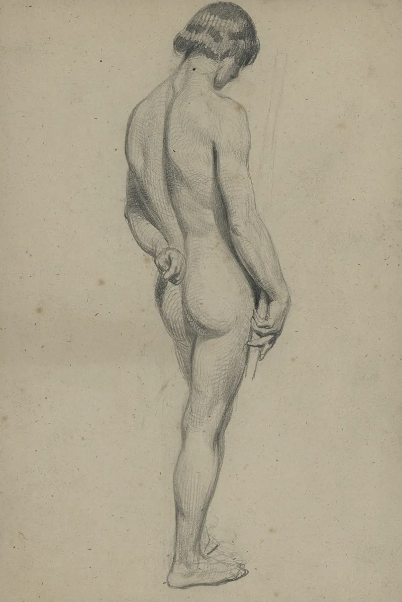 Academic Nude Of A Standing Man With A Long Staff by Xavier de Cock - Canvas Print