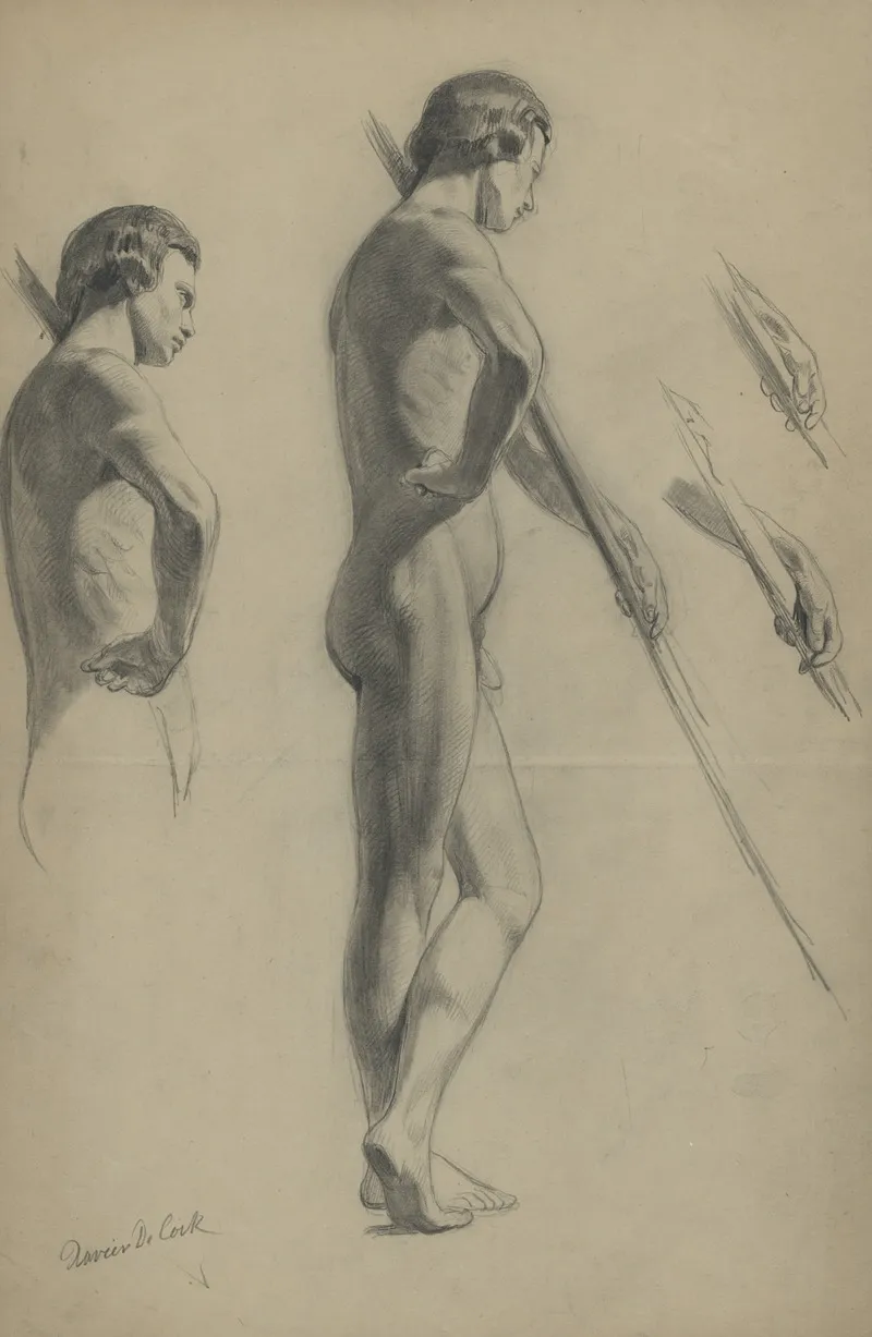 Academic Nude Of A Standing Man With A Long Stick by Xavier de Cock - Canvas Print