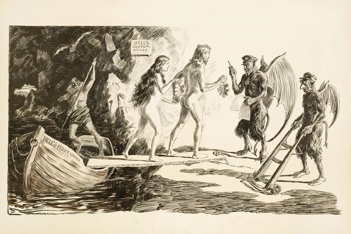 Adam And Eve Arrive At Hell And Have To Declare Their Fig Leaves And The Apple At The Custom House