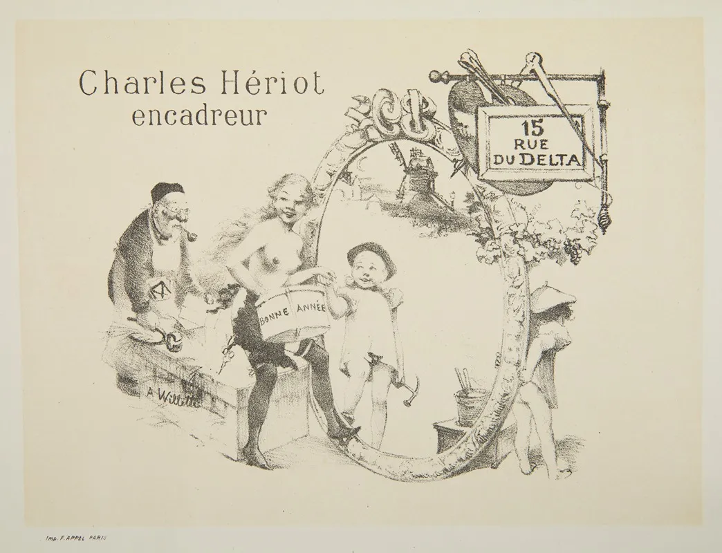 Address Card With New Years Greetings Advertisement For Parisian Framer Charles Heriot by Adolphe Léon Willette - Canvas Print