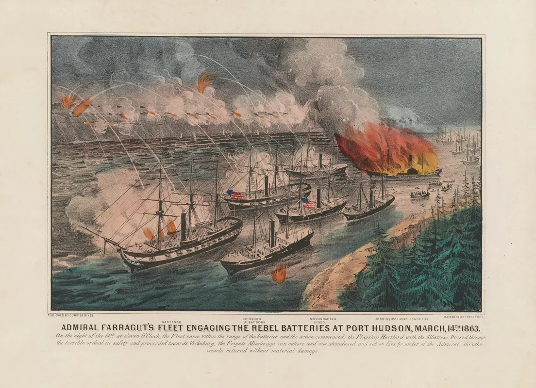 Admiral Farraguts Fleet Engaging The Rebel Batteries At Port Hudson March 14th 1863
