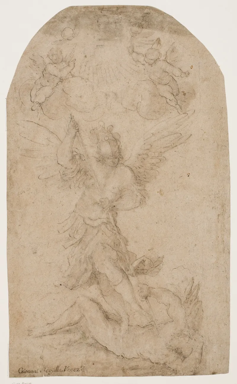 Aerkeenglen Michael Besejrer Djaevlen by Giovanni Segala - Canvas Print