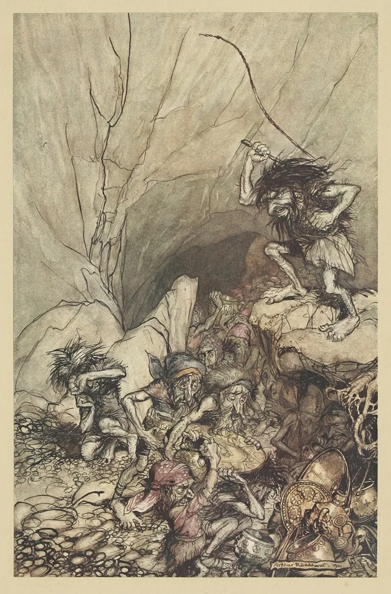 Alberich Drives In A Band Of Niblungs Laden With Gold And Silver Treasure by Arthur Rackham - Canvas Print