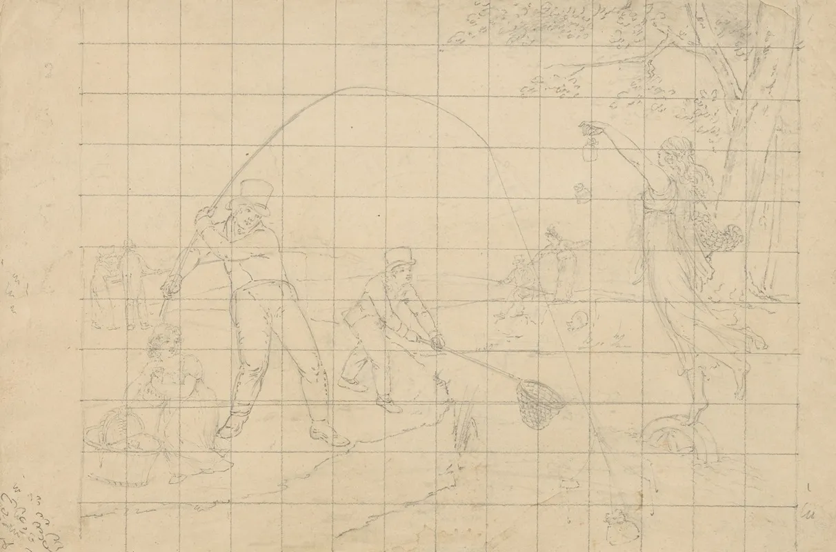 Allegorical Scene In Which Goddesses Offer Packets To Fisherman Who Eagerly Use Their Lines And Nets To Catch Them