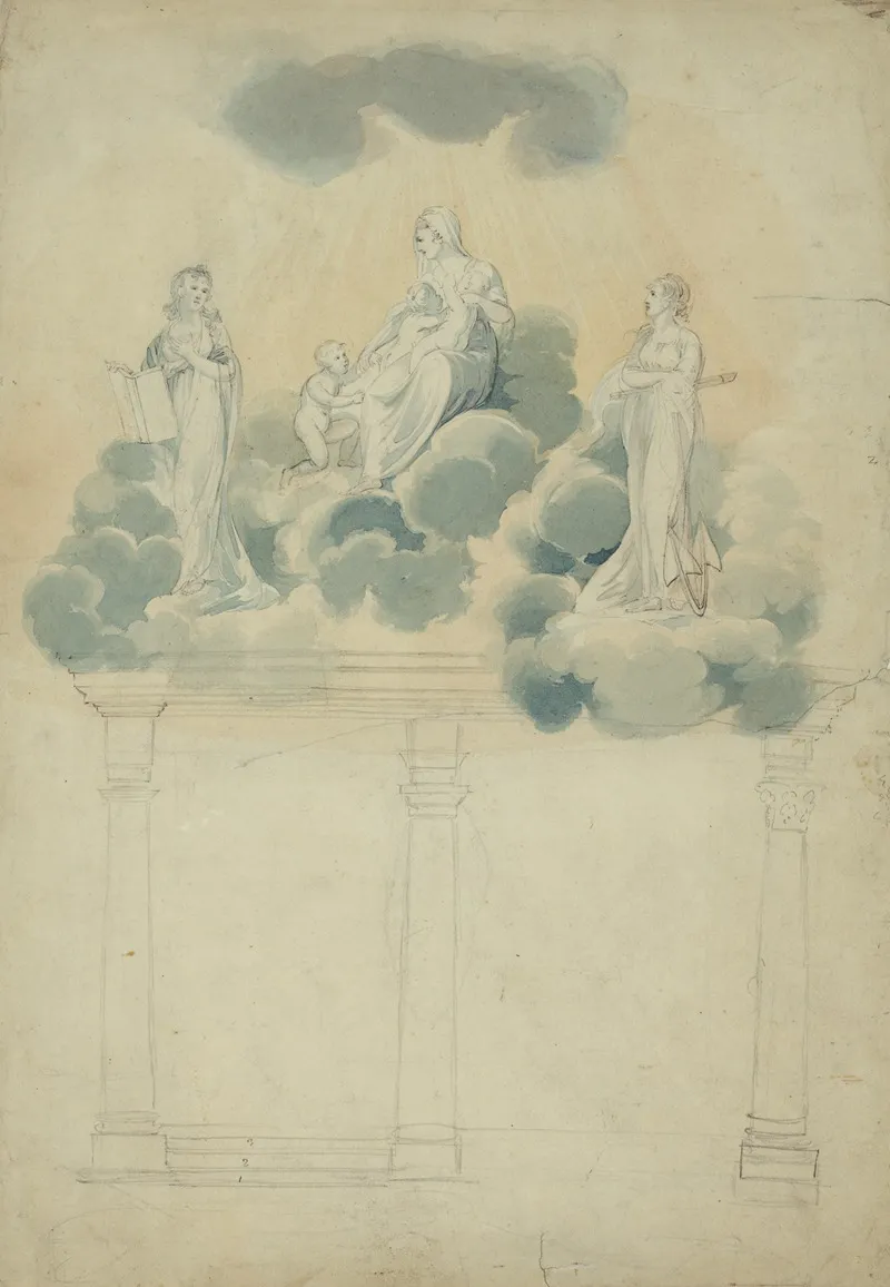 Allegorical Scene Of Female Figures In Clouds Atop Columns