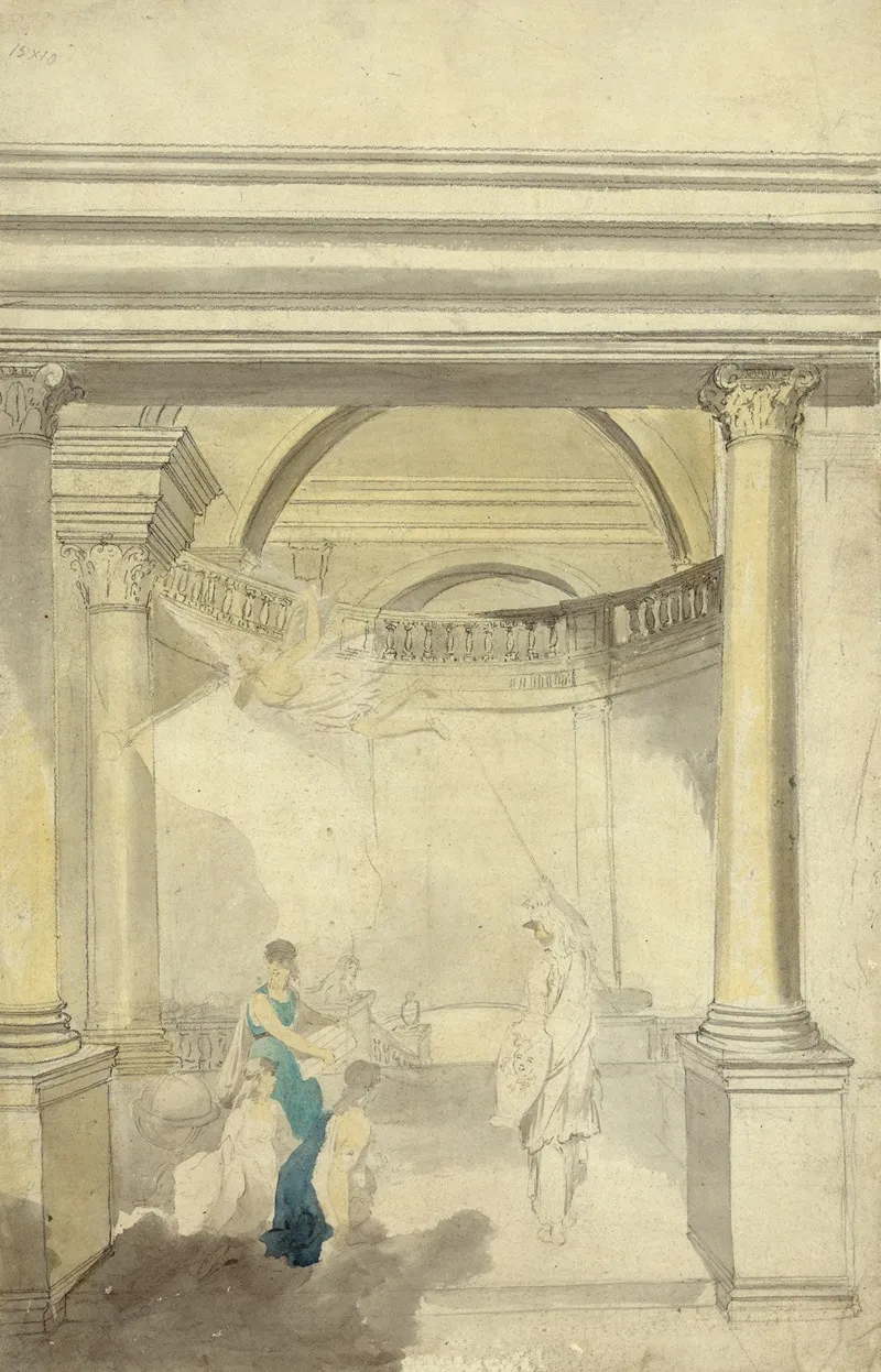 Allegorical Scene Of Interior With Columns Minerva Fame And Other Figures