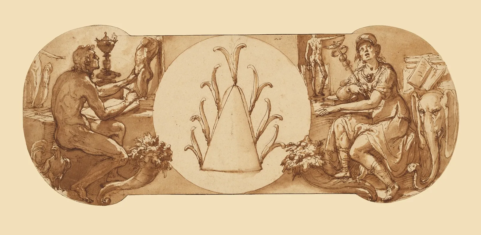 Allegories Of Study And Intelligence Flanking The Zuccaro Emblem by Federico Zuccaro - Canvas Print