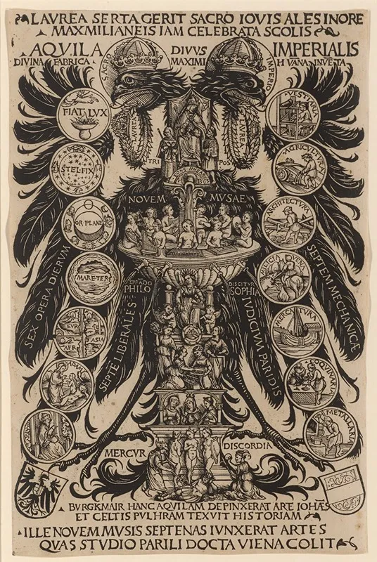 Allegorischer Reichsadler Des Konrad Celtis Mit Den Kunsten Dem Musenbrunnen Und Dem Urteil Des Paris