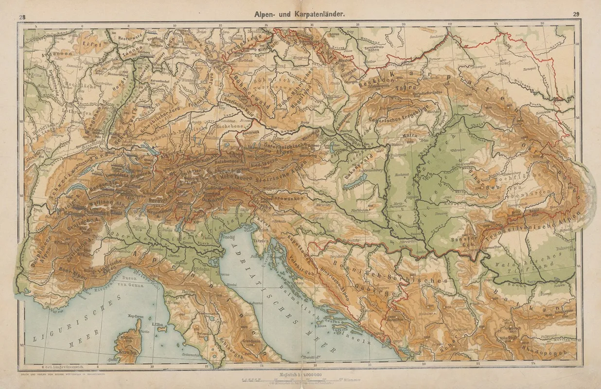 Alpen U Karpatenlander Flufs Und Gebirgskarte by Henry Lange - Canvas Print