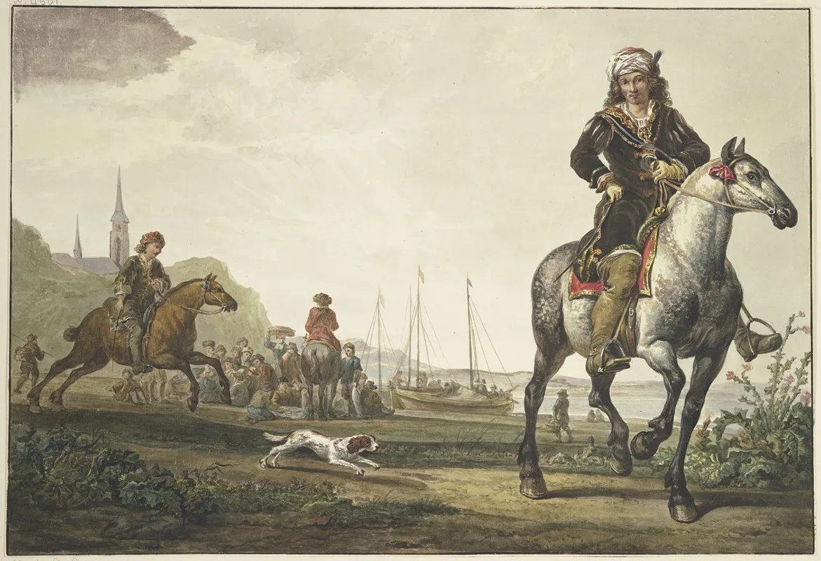 Am Ufer Eines Fluses Sitzt Viel Volk Bei Den Schiffen Vorne Rechts Ein Reich Gekleideter Reiter Mit Einem Turban Links Galopiert Ein Zweiter by Jacob van Strij - Canvas Print