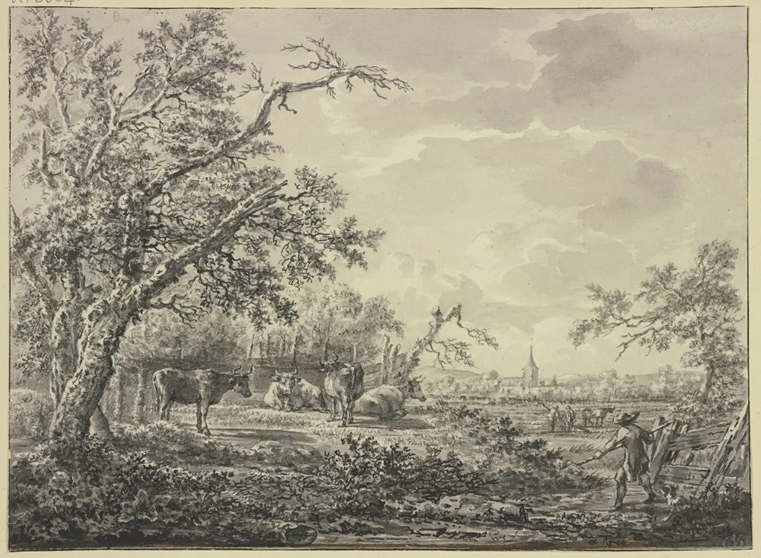 Am Waldesrand Bei Einem Zaun Vieh Und Ein Hirte by Hendrik Schepper - Canvas Print