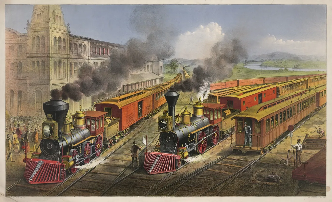 American Railroad Scene Lightning Express Trains Leaving The Junction