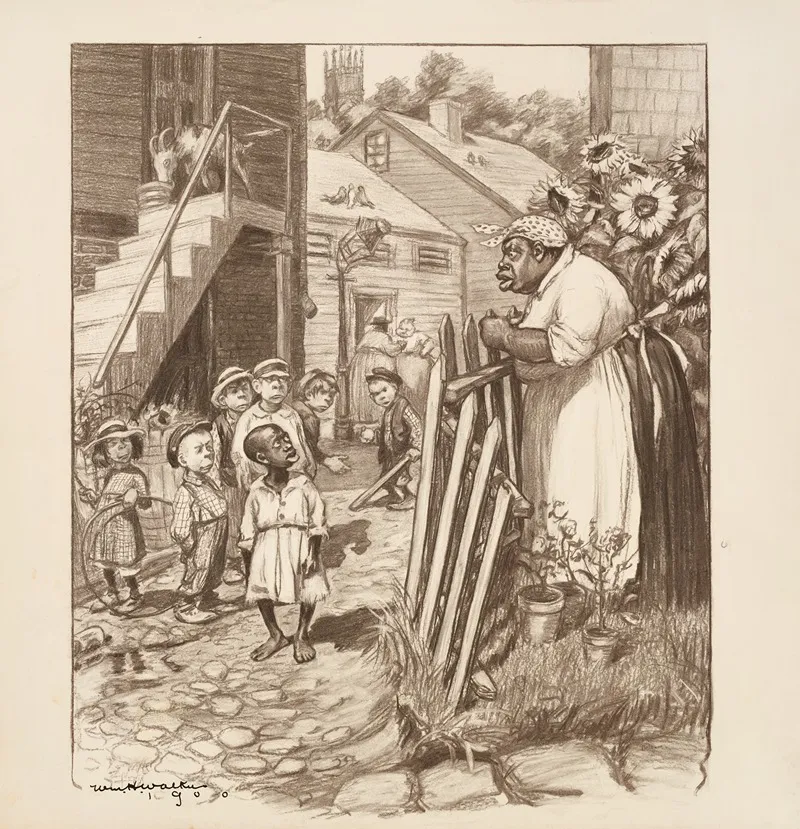An African American Woman Talks Angrily To An African American Boy Who Is In The Street With A Group Of White Children