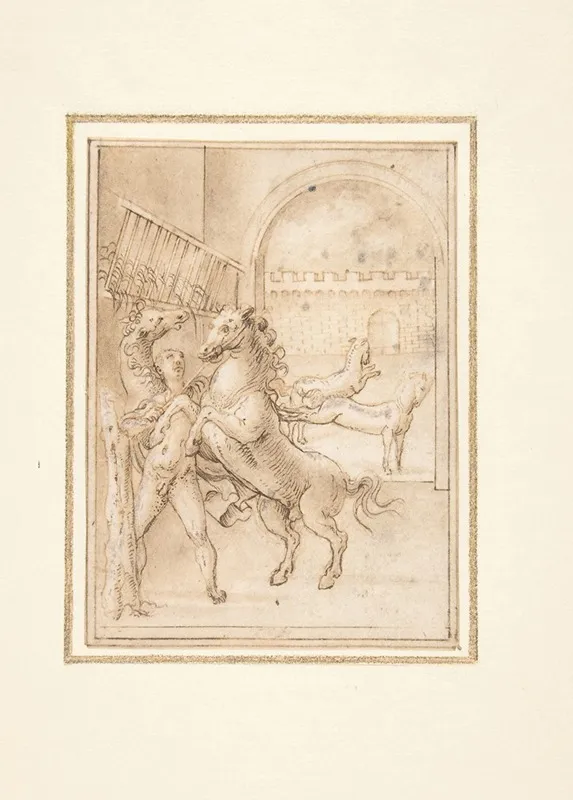 An Allegory Male Nude In A Stable With Four Wild Horses