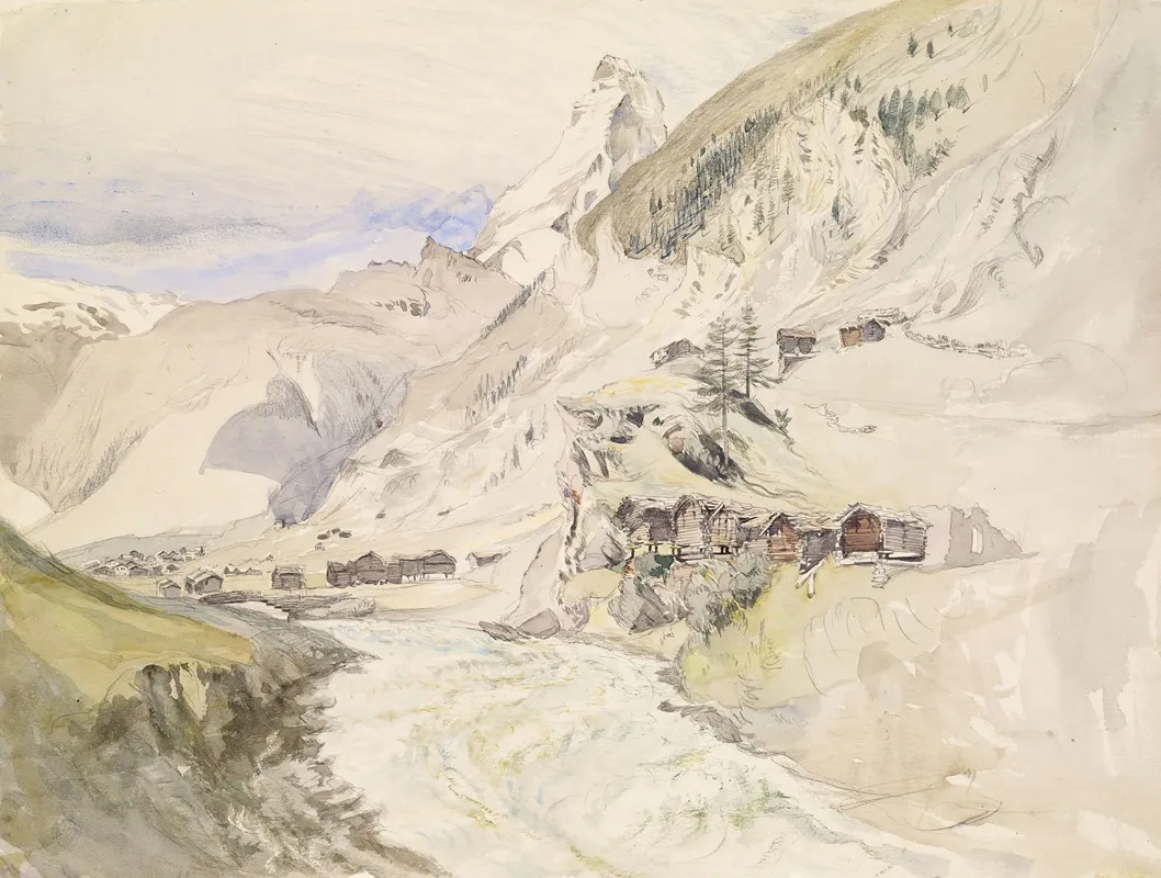 An Alpine Valley The Matterhorn In The Distance by John Ruskin - Canvas Print