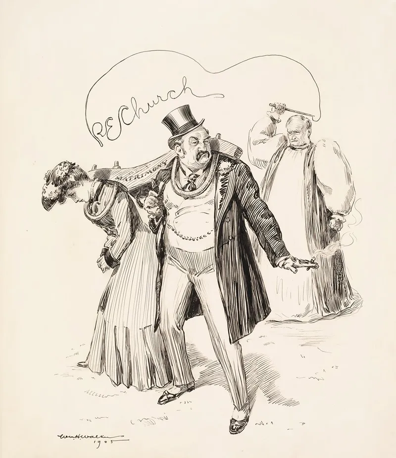 An Angry Man And A Sad Woman Are Yoked Together In Matrimony By A Priest In A Large Robe