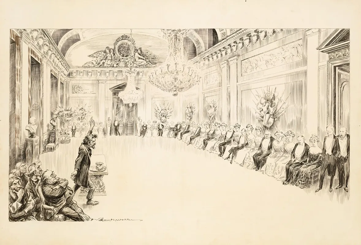 An Angry Man Speaks To A Row Of Seated Wealthy Men And Women In A Fancy Ballroom