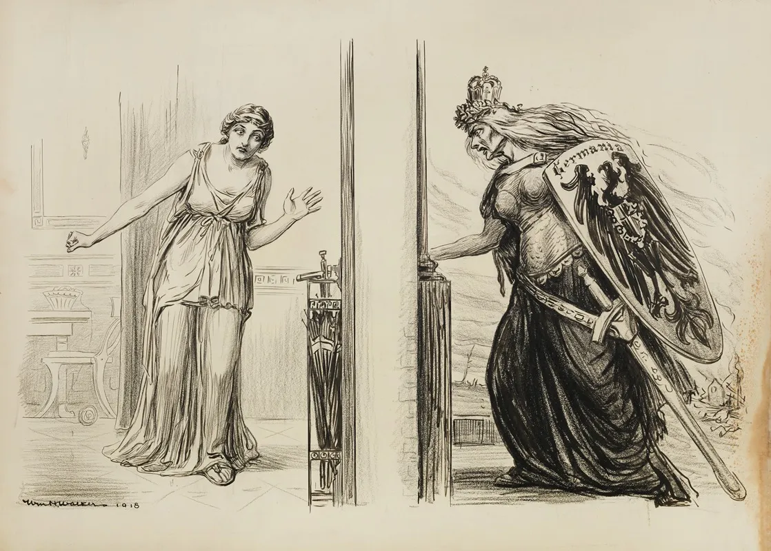 An Angry Old Woman In Armor Representing Germania Tries To Break Into The Room Of A Scared Young Woman