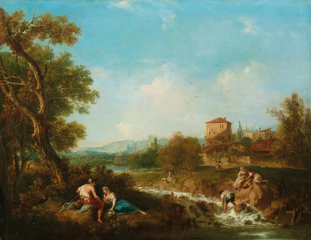 An Arcadian Landscape With Figures Near A Stream A Village Beyond