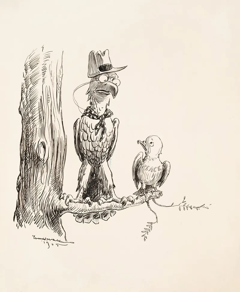 An Eagle Dressed Like Theodore Roosevelt Sits On A Branch With A Small Bird Representing Peace