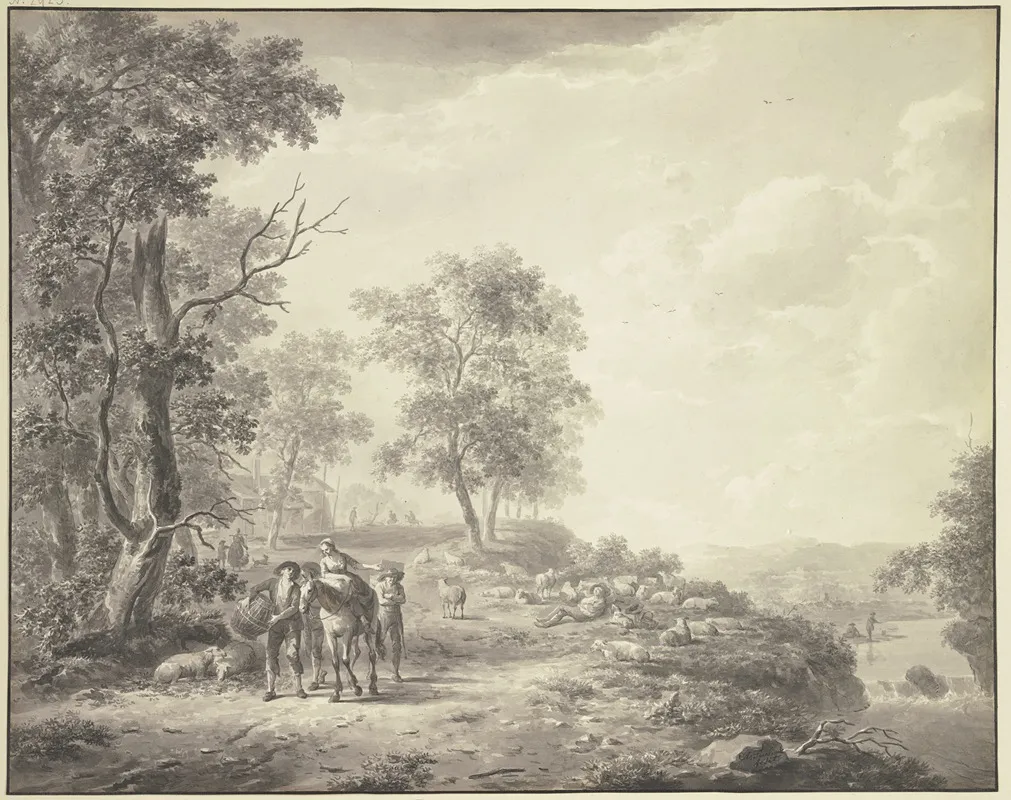 An Einem Abhang Ein Schlafender Schafer Mit Seiner Herde Weiter Links Eine Bauerin Zu Pferde Umgeben Von Drei Mit Ihr Zu Markte Ziehenden Bauern by Abraham Teerlink - Canvas Print